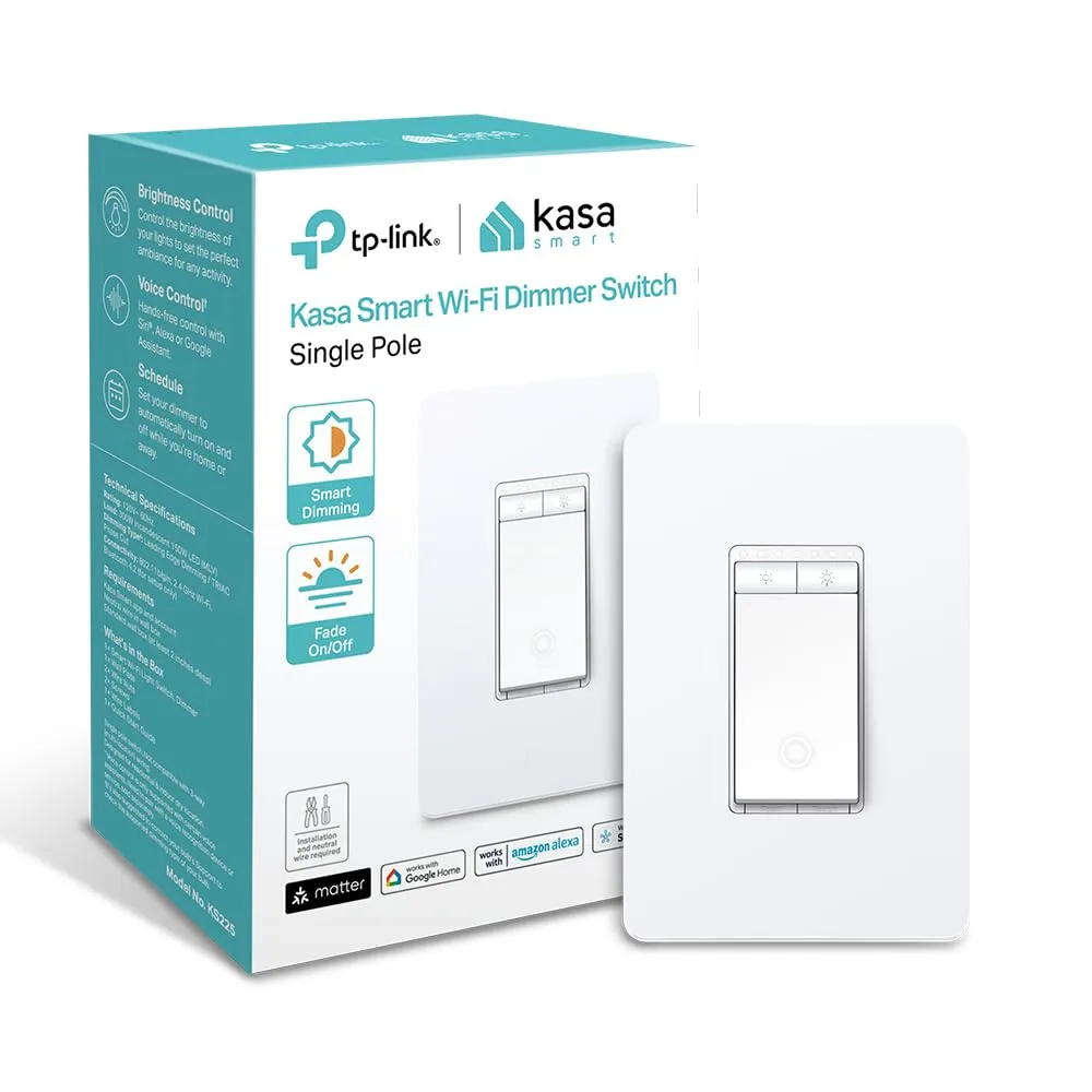 Kasa Matter Smart Dimmer Switch: Voice Control w/Siri, Alexa & Google Assistant | UL Certified | Timer & Schedule | Easy Guided Install | Neutral Wire Required | Single Pole | 2.4GHz Wi-Fi | KS225 Kasa Matter Smart Dimmer Switch: Voice Control w/Siri, Alexa & Google Assistant | UL Certified | Timer & Schedule | Easy Guided Install | Neutral Wire Required | Single Pole | 2.4GHz Wi-Fi | KS225