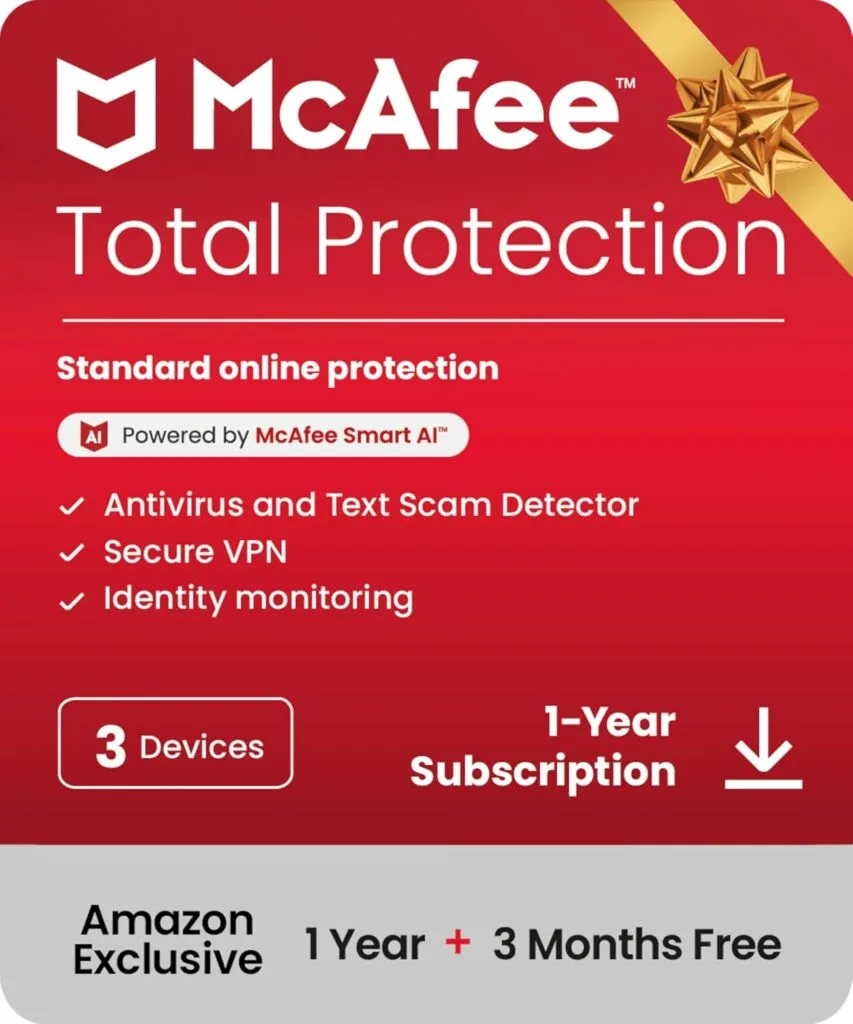 McAfee Total Protection 3-Device | 15 Month Subscription with Auto-Renewal | AI Scam Detection, AntiVirus Software 2026 for Windows PC & Mac, VPN, Password Manager, Identity Monitoring | Download McAfee Total Protection 3-Device | 15 Month Subscription with Auto-Renewal | AI Scam Detection, AntiVirus Software 2026 for Windows PC & Mac, VPN, Password Manager, Identity Monitoring | Download
