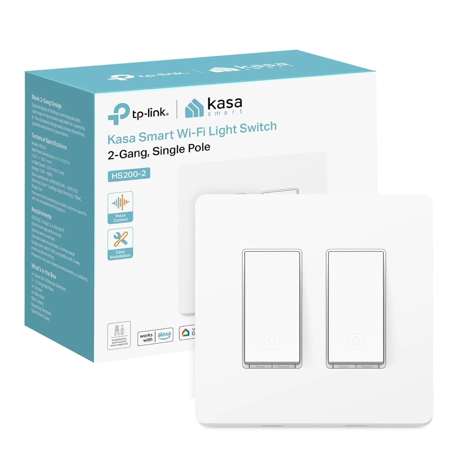 Kasa Smart Switch 2 Gang HS200 2 Single PoleNeutral Wire Required 24GHz