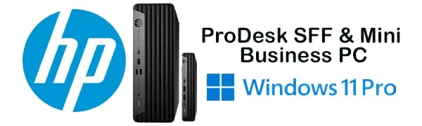 This image shows the HP ProDesk SFF and Mini Business PC with Windows 11 Pro