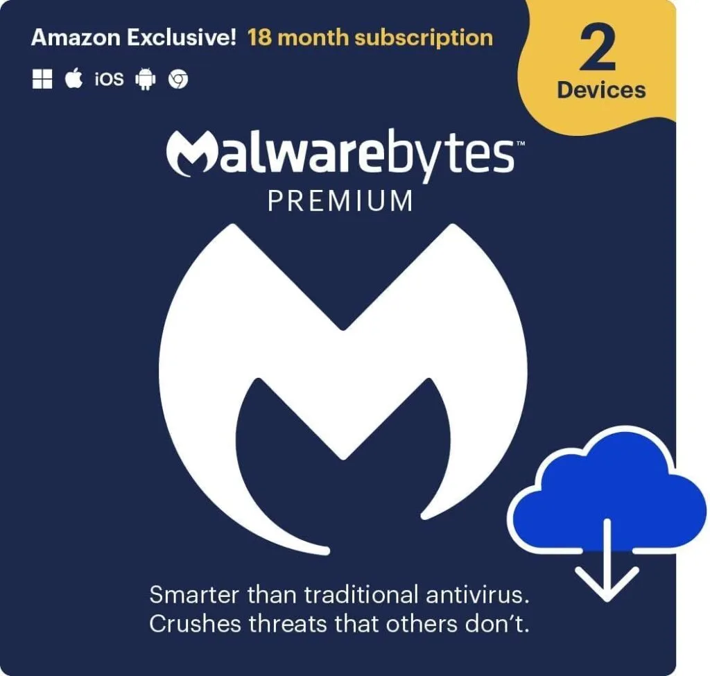 Malwarebytes Premium | Amazon Exclusive | 18 Months, 2 Devices | Windows, Mac OS, Android, Apple iOS, Chrome [Online Code]