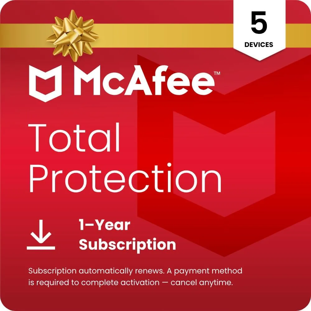 McAfee Total Protection 5-Device | AntiVirus Software 2026 for Windows PC & Mac, AI Scam Detection, VPN, Password Manager, Identity Monitoring | 1-Year Subscription with Auto-Renewal | Download