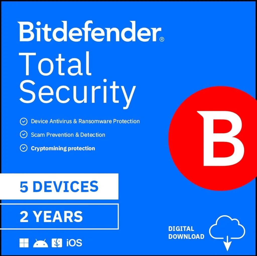 Bitdefender Total Security – 5 Devices | 2 year Subscription | PC/Mac | Activation Code by email