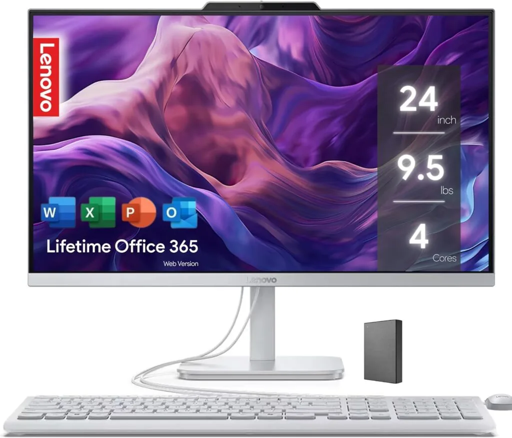 Lenovo IdeaCentre Everyday Tasks 24″ Full HD All-in-One Desktop Computer • Lifetime Office 365 for The Web • Intel 4-Cores • 512GB External and 256GB SSD • 8GB RAM • Keyboard and Mouse • Windows 11