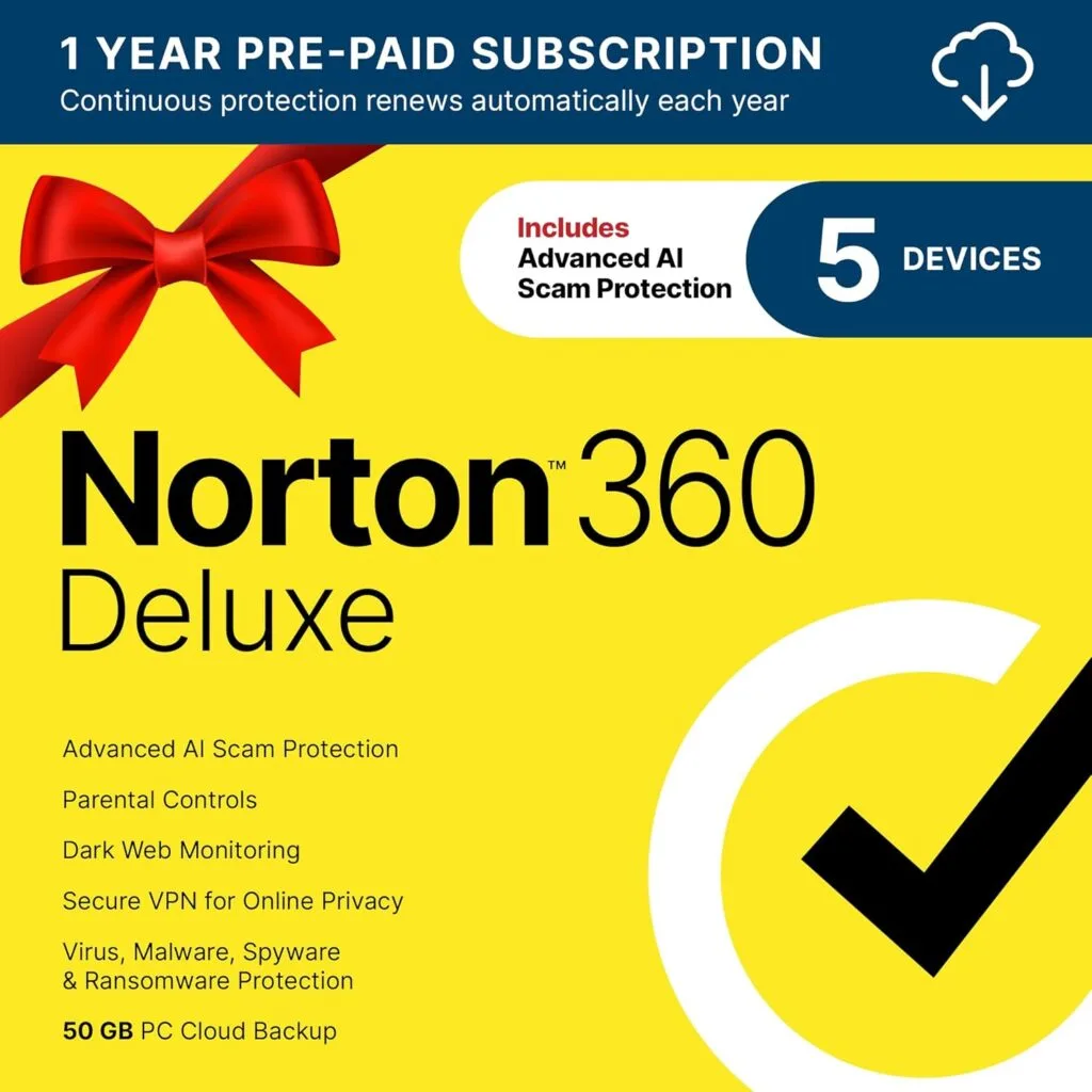 Norton 360 Deluxe 2026 Ready, Antivirus software for 5 Devices with Auto-Renewal – Includes Advanced AI Scam Protection, VPN, Dark Web Monitoring & PC Cloud Backup [Download]