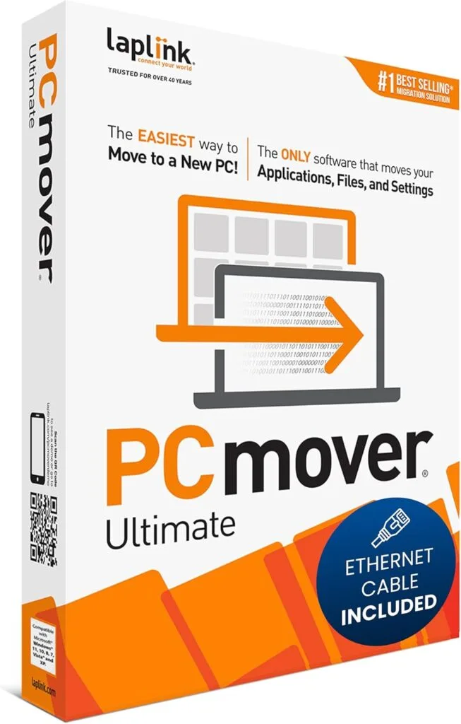 Laplink PCmover Ultimate 11 – Migration of your Applications, Files and Settings from an Old PC to a New PC – Data Transfer Software – With Optional High Speed Ethernet Cable – 1 License