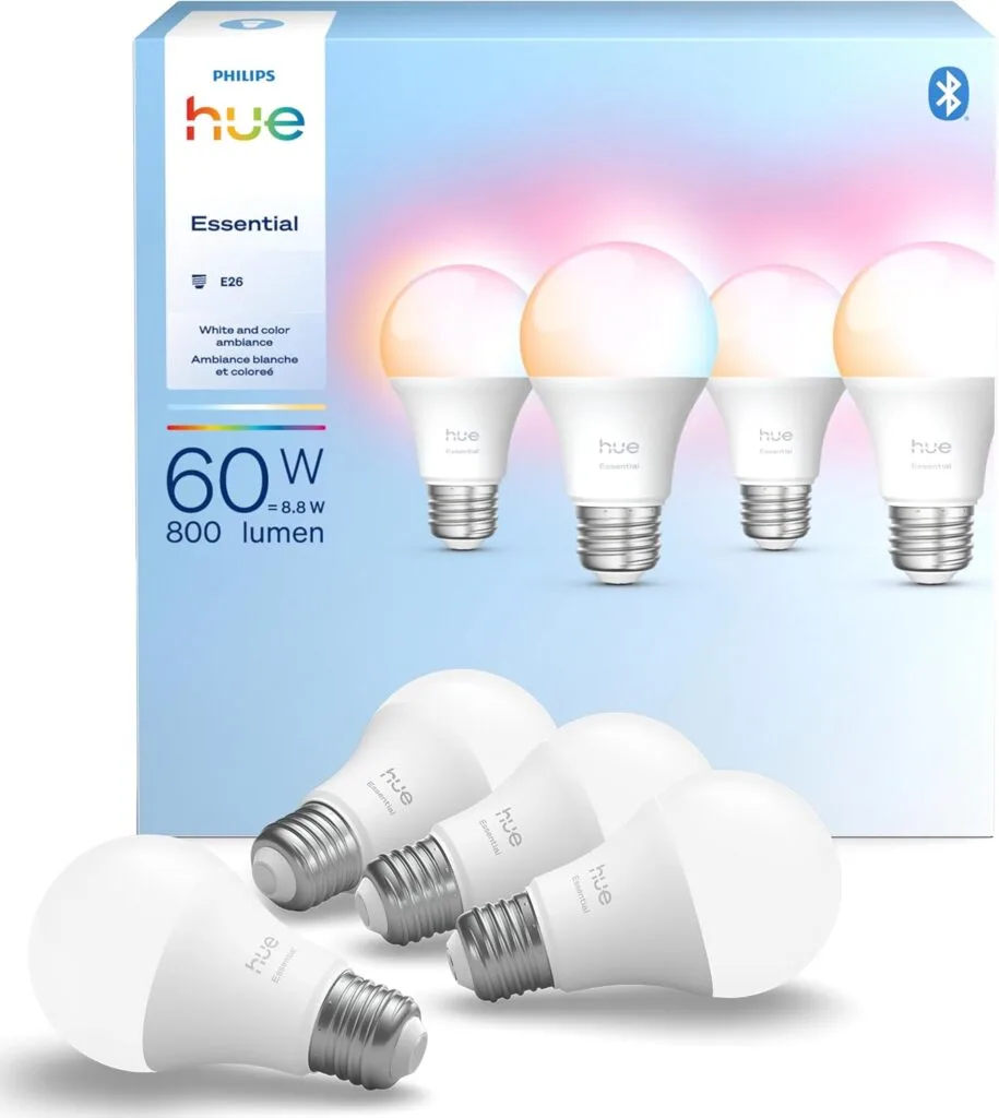 Philips Hue Essential Smart LED A19 Bulb, White and Color Ambiance, E26 Base, 8.8W, 2200K-6500K, 800 Lumens, Dimmable, Works with Alexa, Google, and Apple Home, 4-Pack