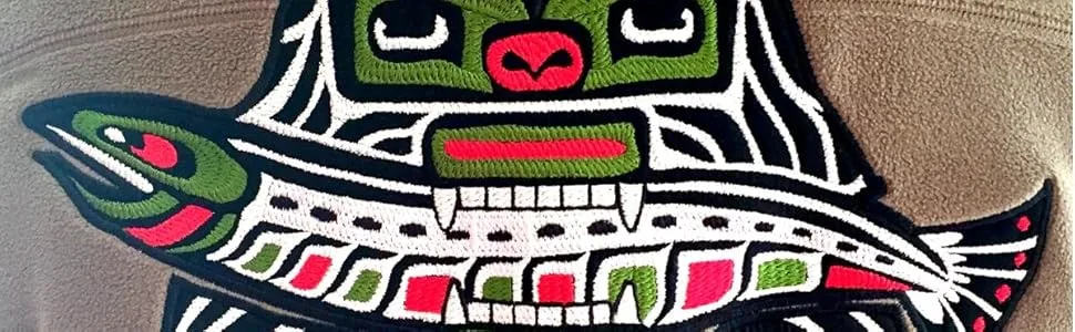 Machine Embroidery Design of Northwestern Native Bear and Salmon