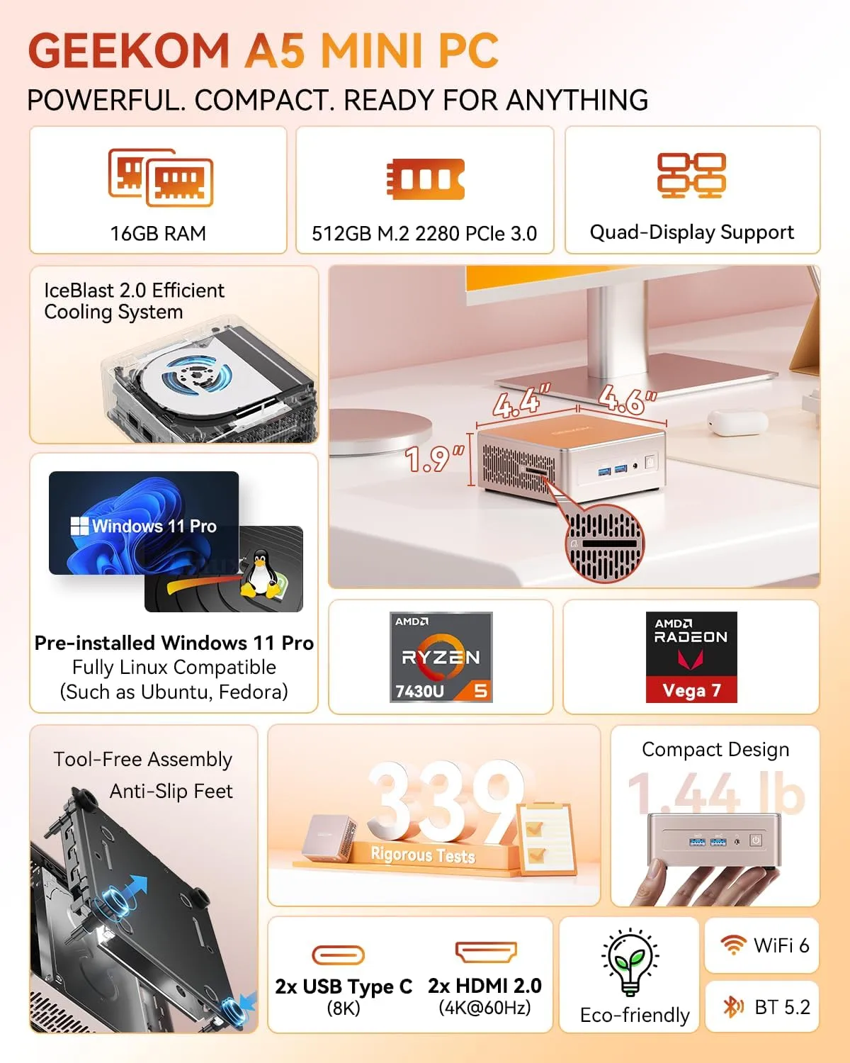 1771461900 664 GEEKOM A5 Mini PC with AMD Ryzen 5 7430U 3 Year