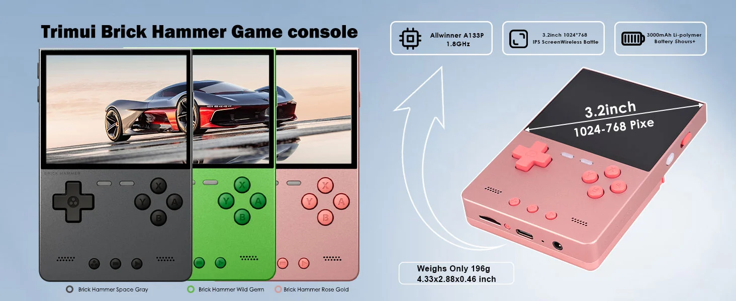 Trimui Brick Hammer Handheld Game Console with 3.2 inch IPS Screen and 3000mAh Battery,