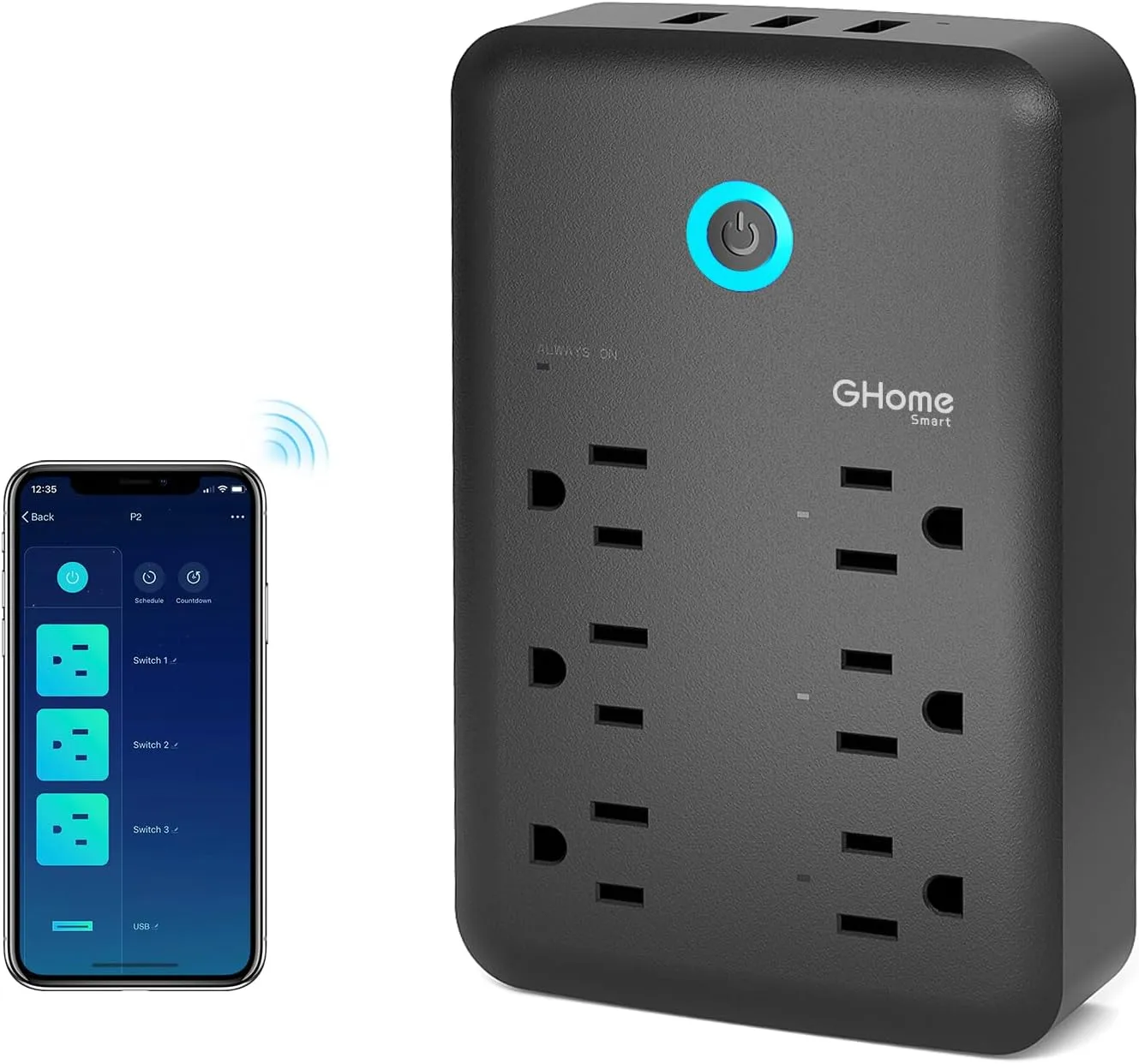 GHome Smart Plug Outlet Extender USB Wall Charger with 3