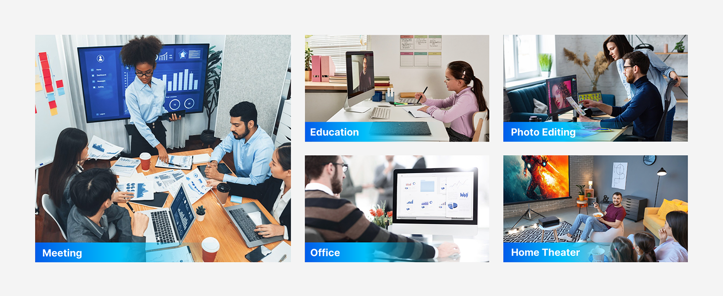 a collage of four images showing a group of people working on computers