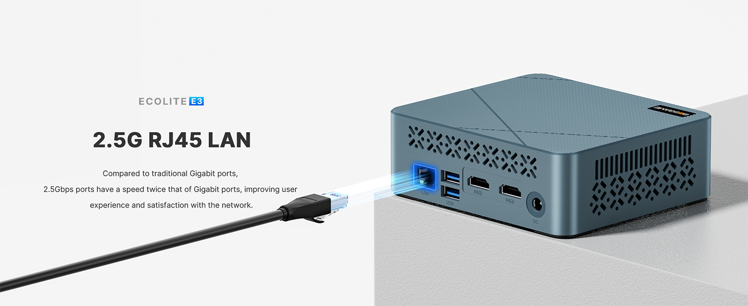 Small blue-gray mini PC with perforated sides, featuring USB, HDMI, and Ethernet ports. Black Ethernet cable shown separately. Text indicates '2.5G RJ45 LAN' capability.