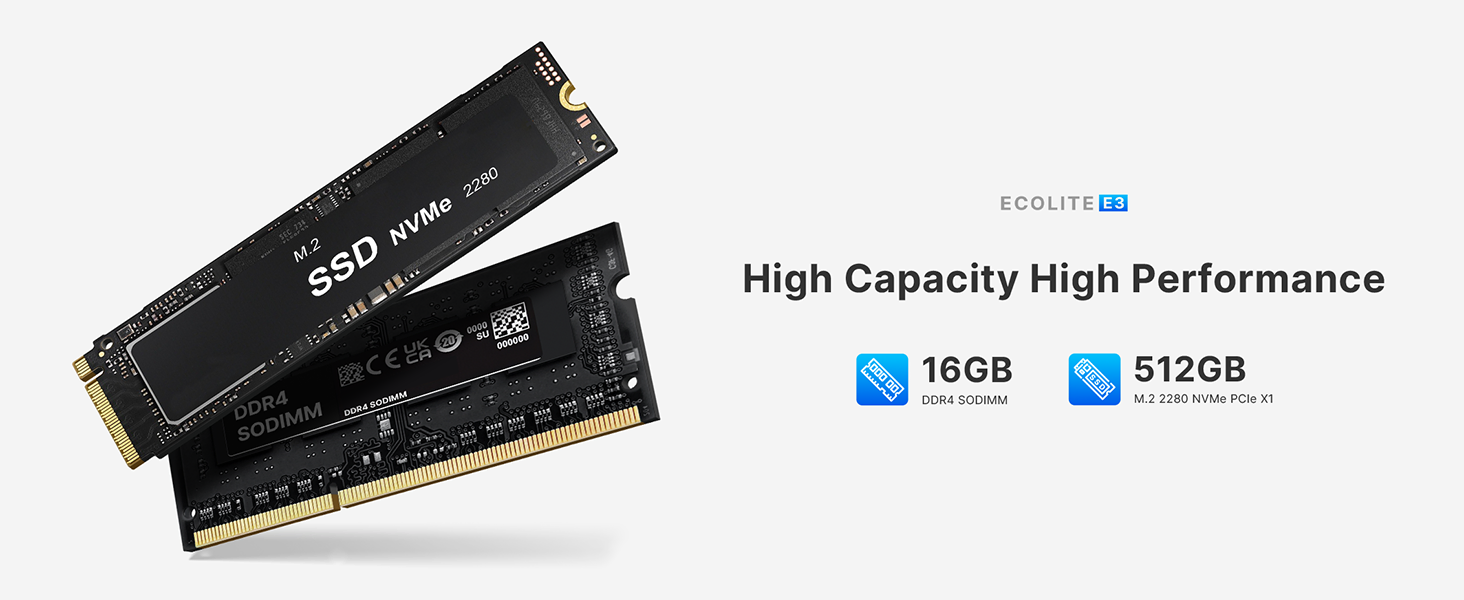 High-performance computer memory modules: one black SSD drive and one RAM stick. Specifications show 16GB capacity and 512GB storage. Text indicates 'High Capacity High Performance'.