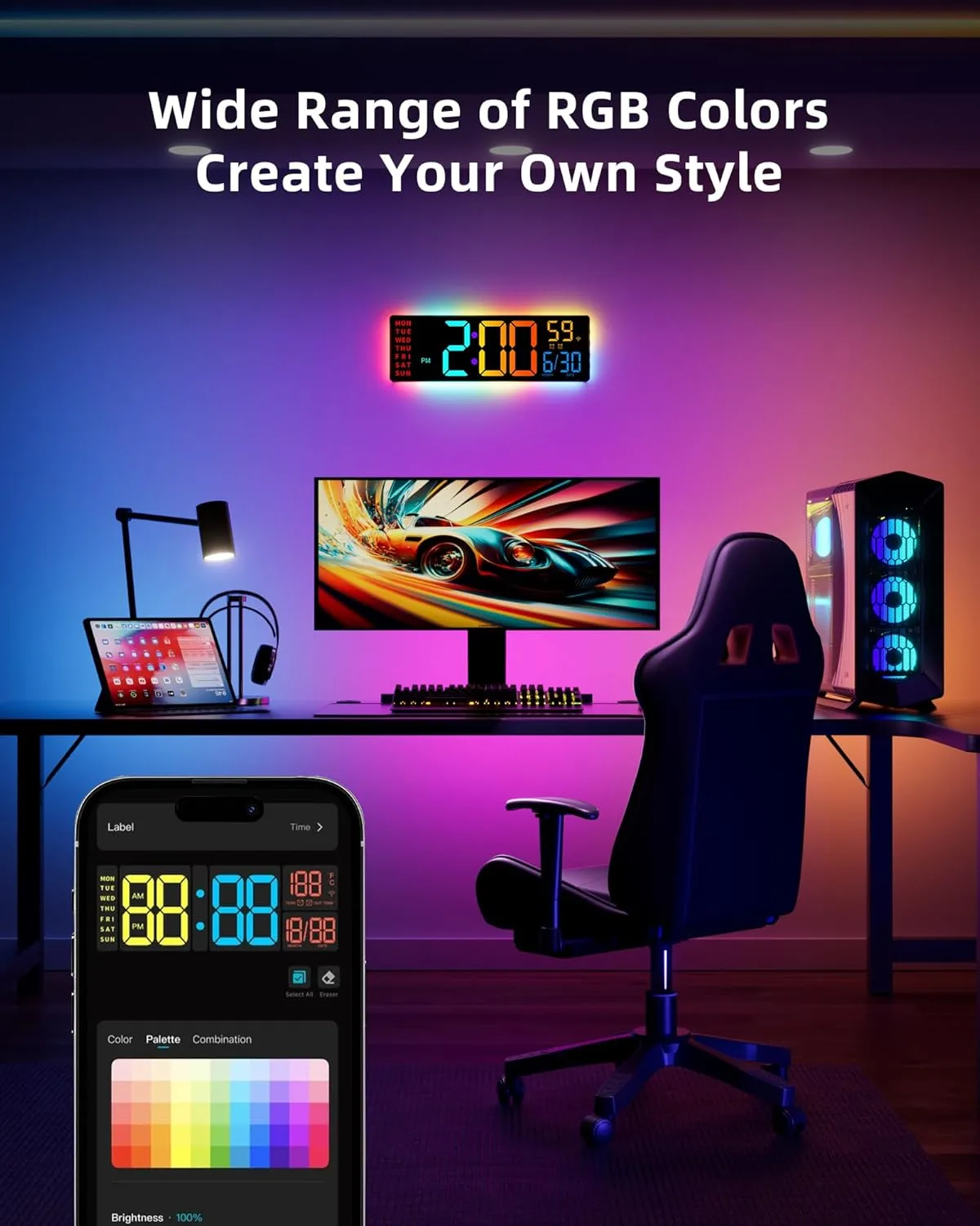 1772727801 132 Smart Digital Wall Clock with App Control 165 Large RGBIC