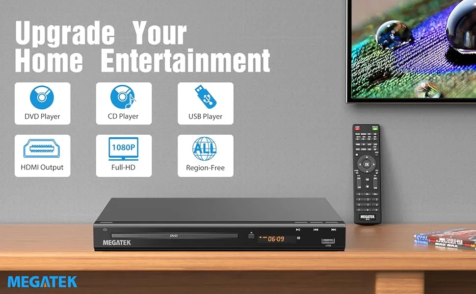 Hero image of DuraPlay DVD player showcasing sleek, compact design and HDMI home setup