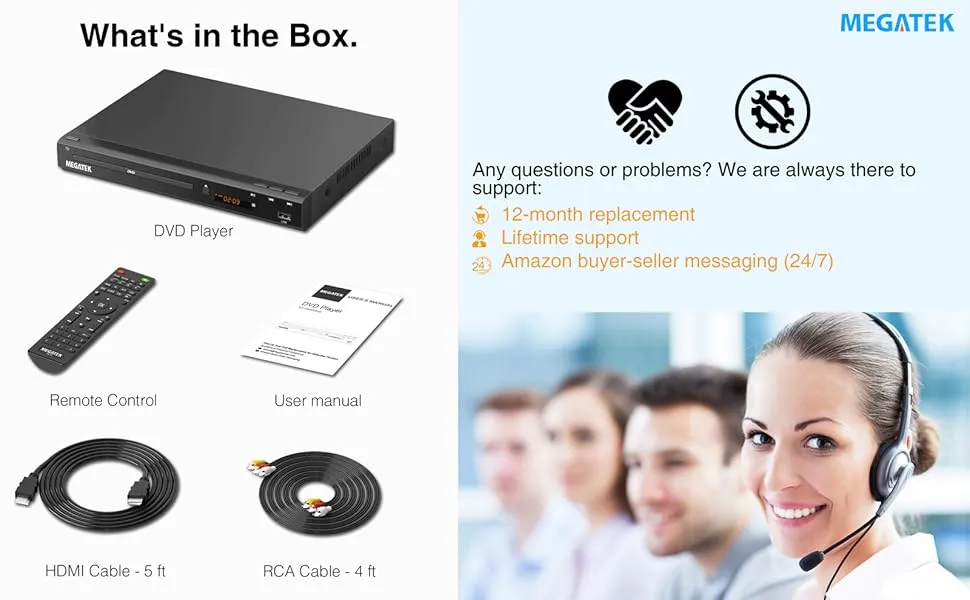 DuraPlay DVD player package with HDMI cable, RCA cables, remote control, and user manual