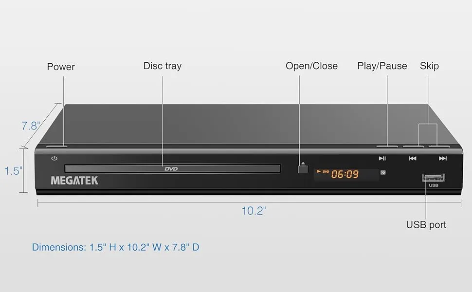 DuraPlay DVD player with ultra-compact design and optimized on-unit control buttons