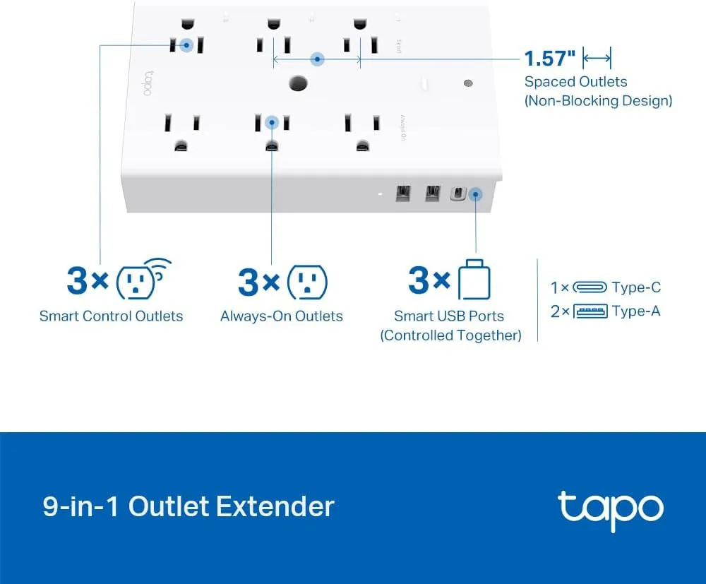 1772942640 821 TP Link Tapo Smart Plug Outlet Extender Surge Protector 18W Fast