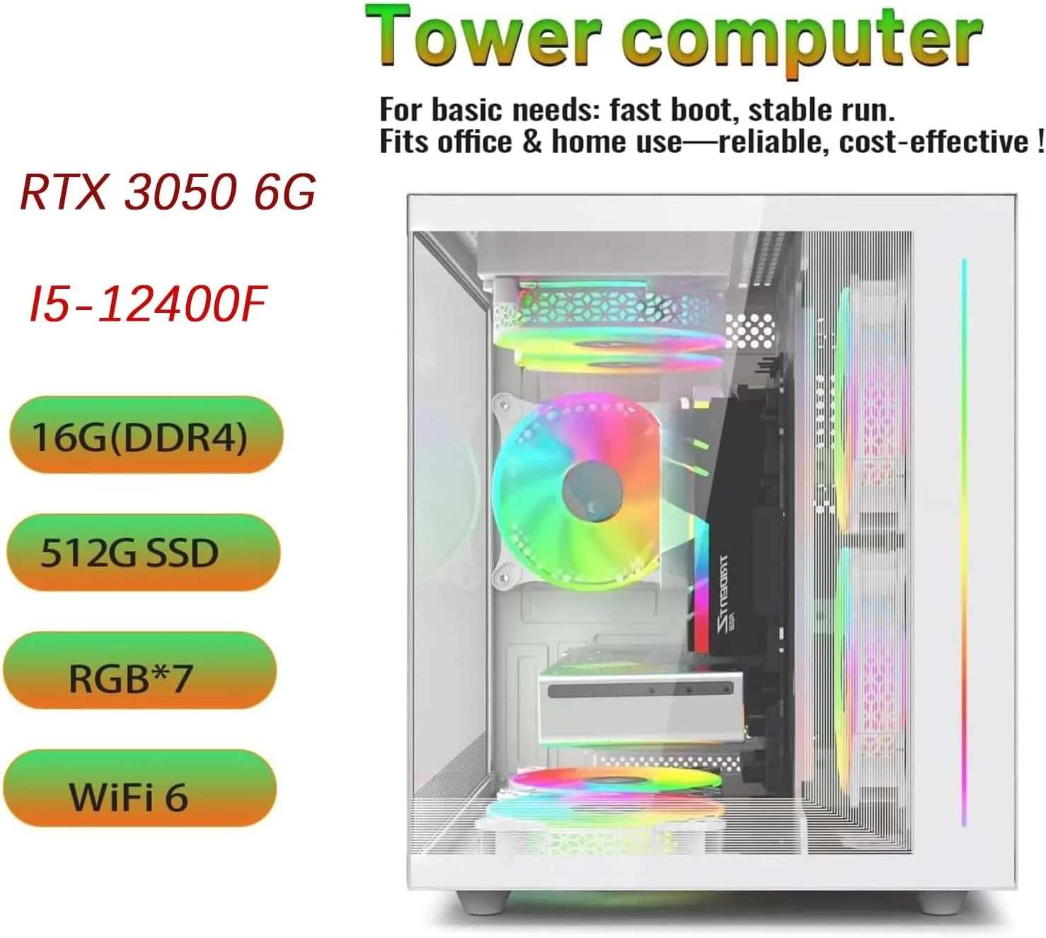 Desktop Computers16G RAM512GB NVMe SSDCore i5 12400FRTX 3050 6GPrebuilt Gaming PCTower