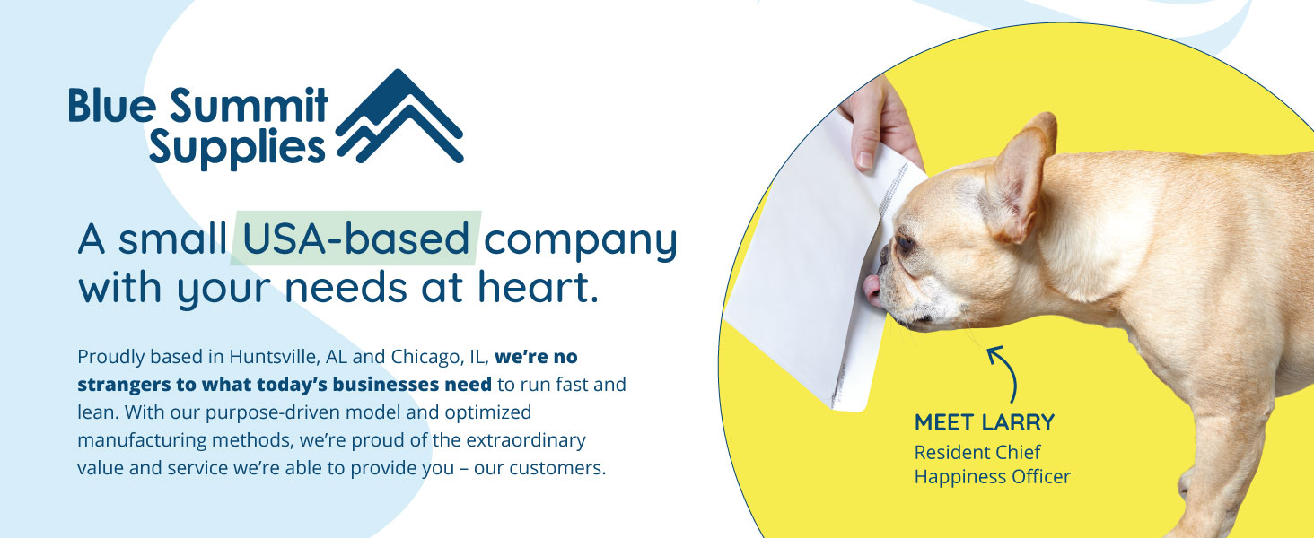 About Blue Summit Supplies, a USA-based company, plus Larry the dog