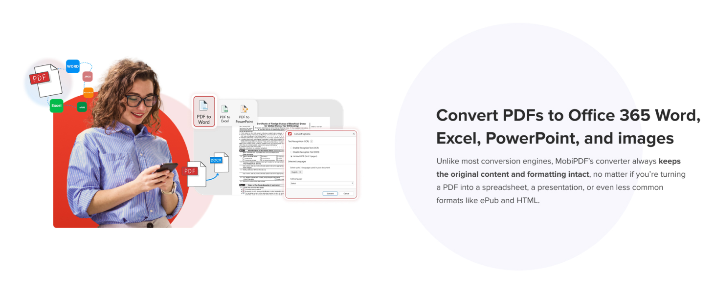 Convert PDFs to Office 365 Word, Excel, PowerPoint and images